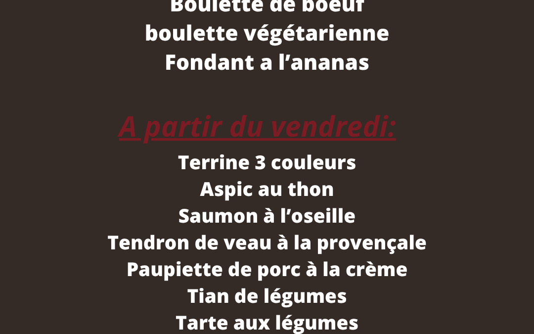 Plats de la semaine du 28 au 03 Mai