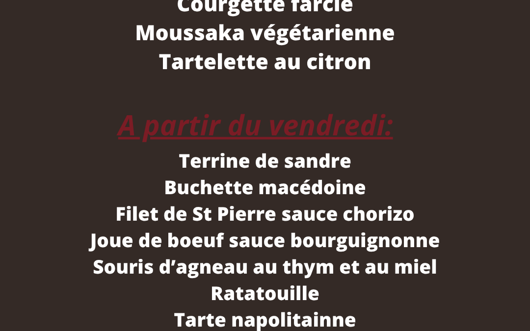Plats de la semaine du 12 au 17 Mai