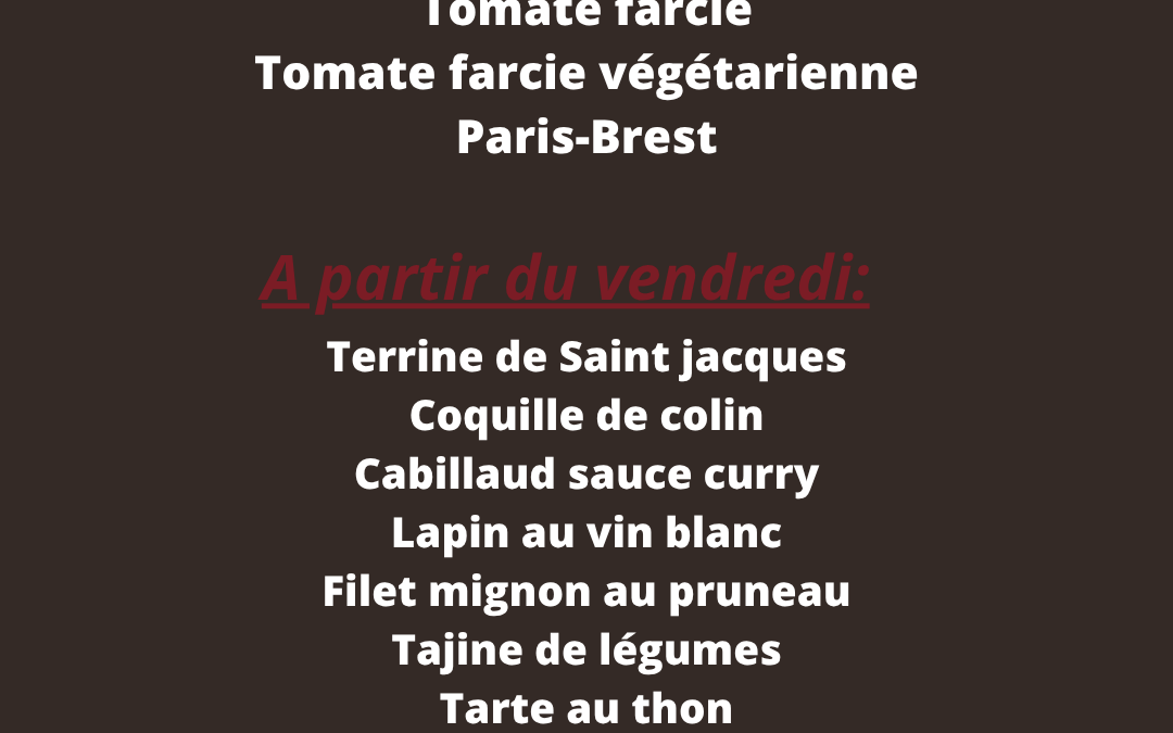 Plats de la semaine du 26 au 31 Mai